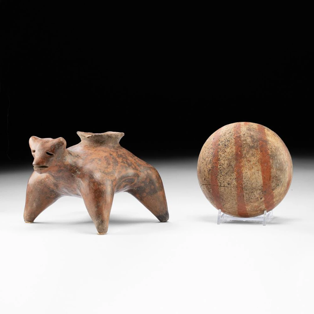 Jalisco Redware Pottery Dog Effigy Vessel & Bowl