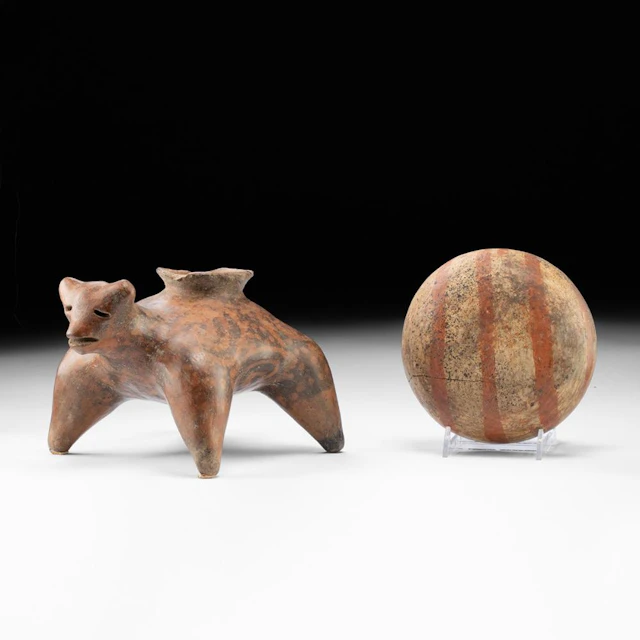 Jalisco Redware Pottery Dog Effigy Vessel & Bowl