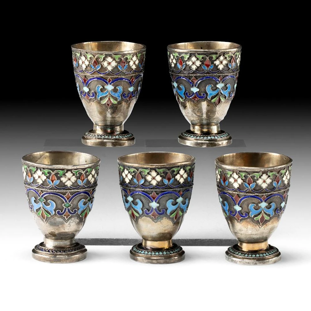 Set of 5 Imperial Russian Silver-Gilt and Cloisonné Enamel Cordial