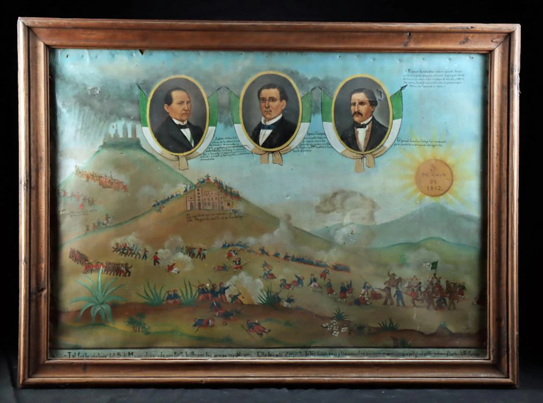 Batalla del Cinco de Mayo 1862, Mexican Folk Painting, ex-Holler & Saunders