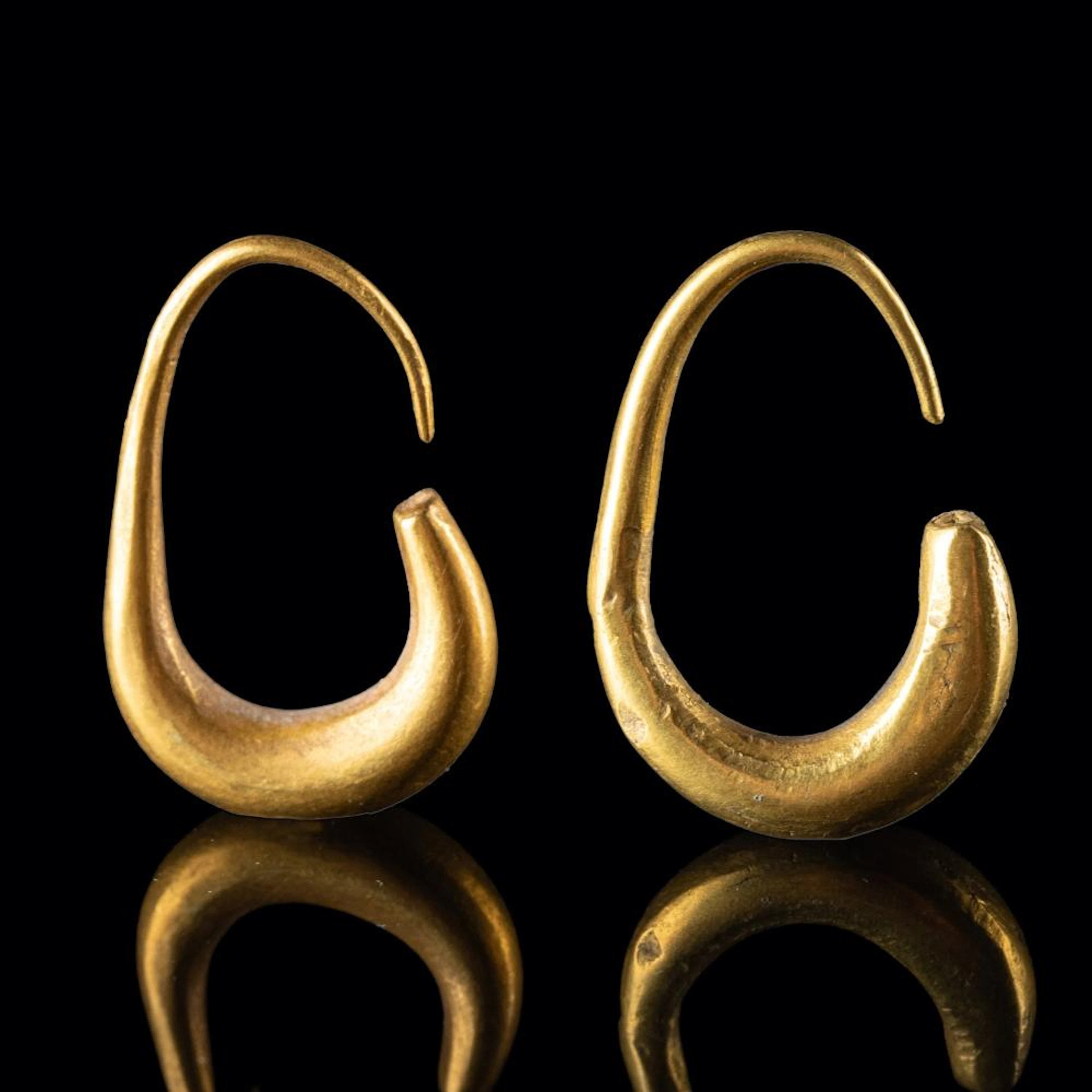 Ancient Canaanite Gold Leech Earrings, Crescent Hoop Pair