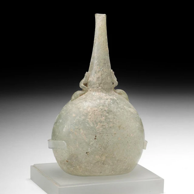 Medieval Islamic Mamluk Glass Sprinkler Flask with Trailed Neck Loops