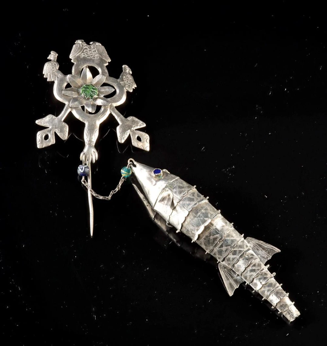 Andean Silver Tupu Pin - Fish & Peacock Pendant
