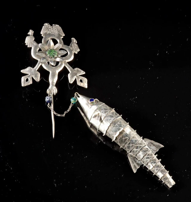 Andean Silver Tupu Pin - Fish & Peacock Pendant