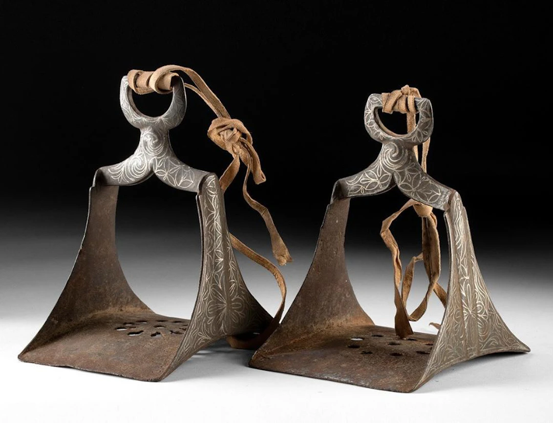 19th C. Moroccan Silver-Inlaid Iron Stirrups, Engraved Scrollwork