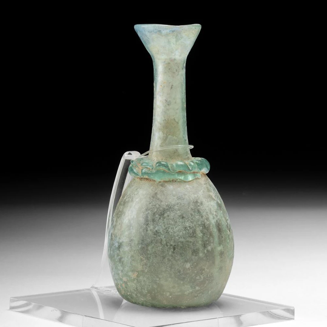 Ancient Roman Aqua Glass Bottle with Applied Crimped Trail Collar