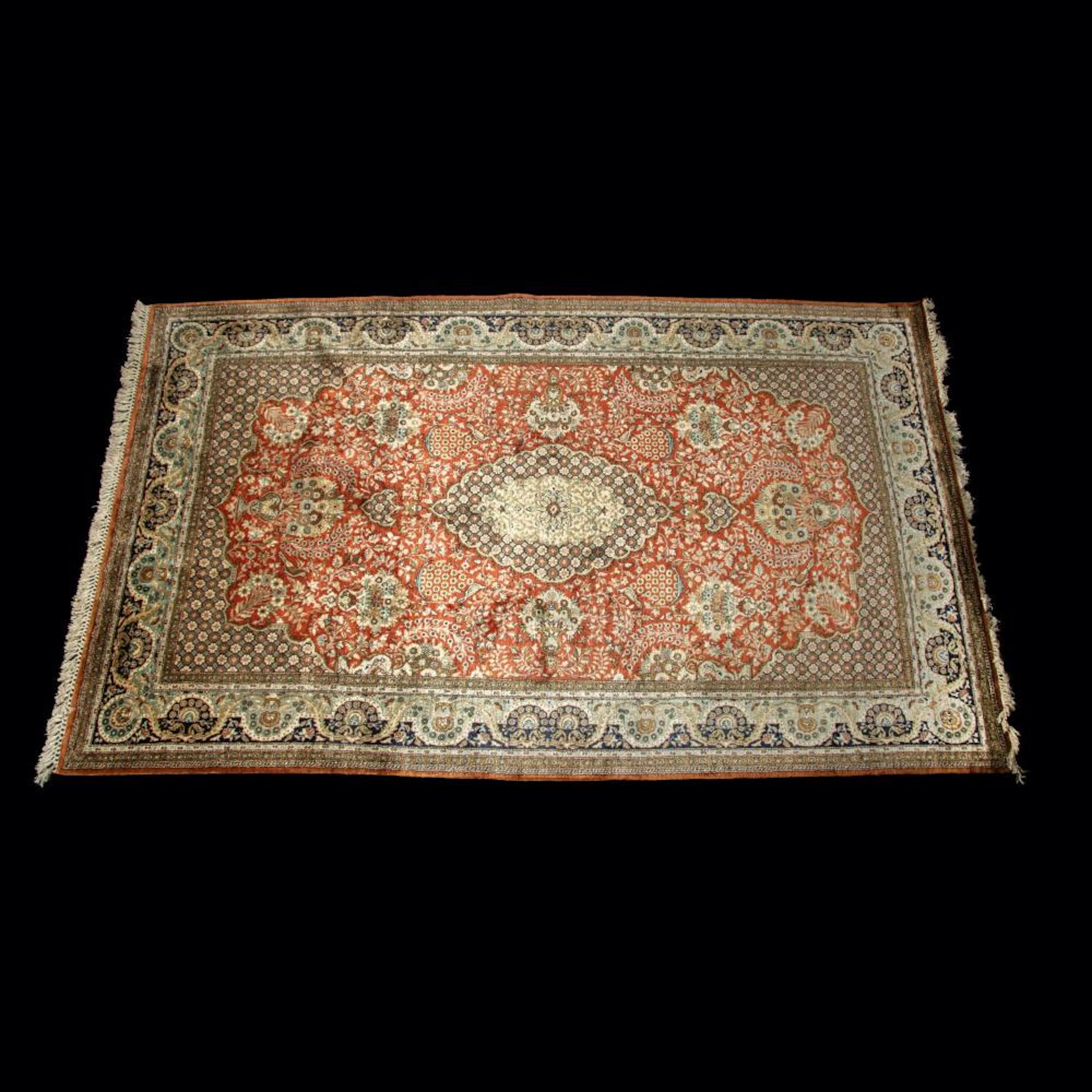 Persian Silk Qum Low Pile Rug with Medallion, Flowering Vases, and Birds