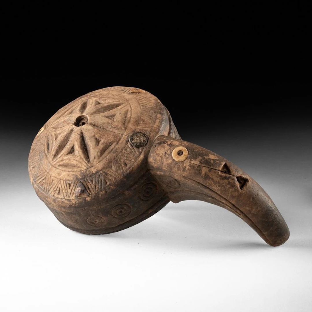 Ottoman Carved Wood Gunpowder Flask w/ Shell Inlay
