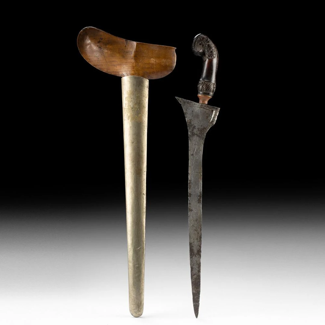 Indonesian Executioner’s Kris Sword - Carved Wood Hilt & Brass-Clad Sheath