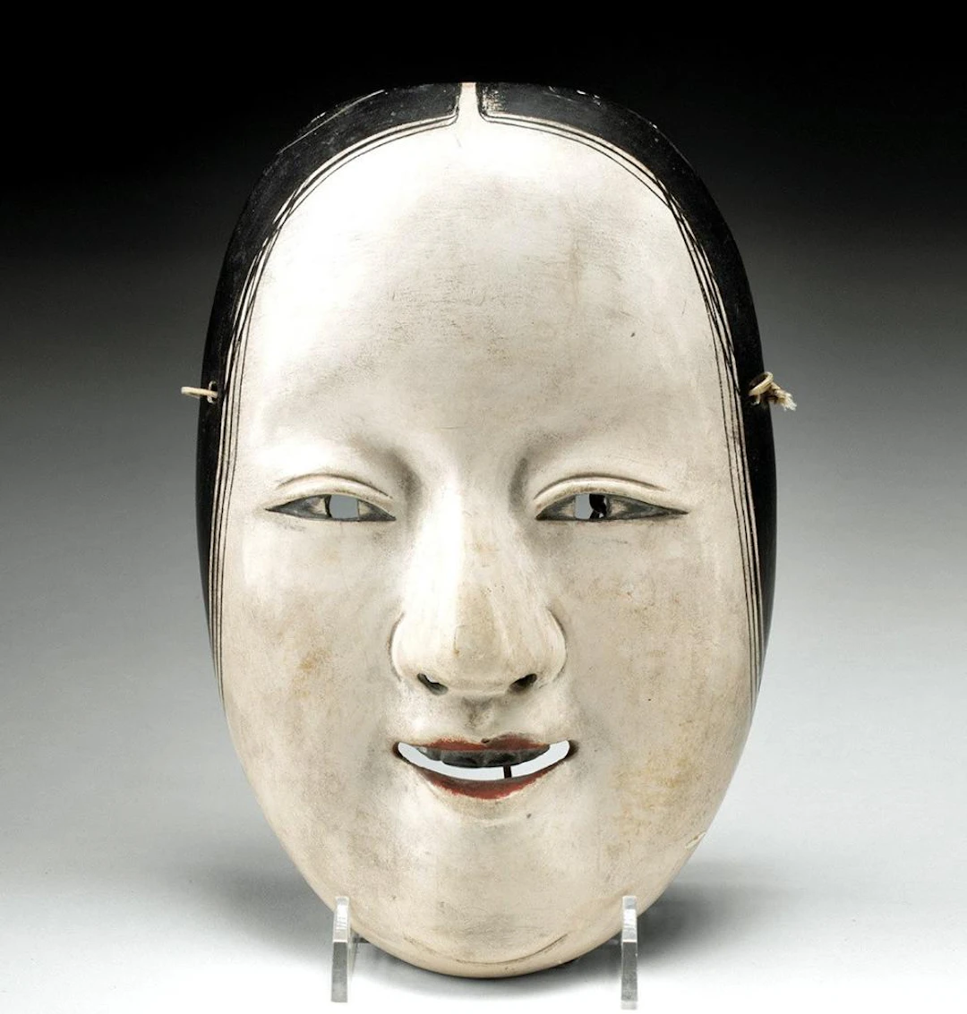 Meiji Japanese Onna Noh Theater Mask, Carved Wood, Ohaguro Blackened Teeth