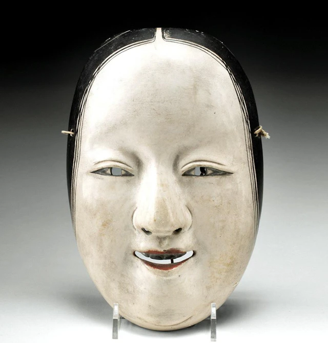 Meiji Japanese Onna Noh Theater Mask, Carved Wood, Ohaguro Blackened Teeth