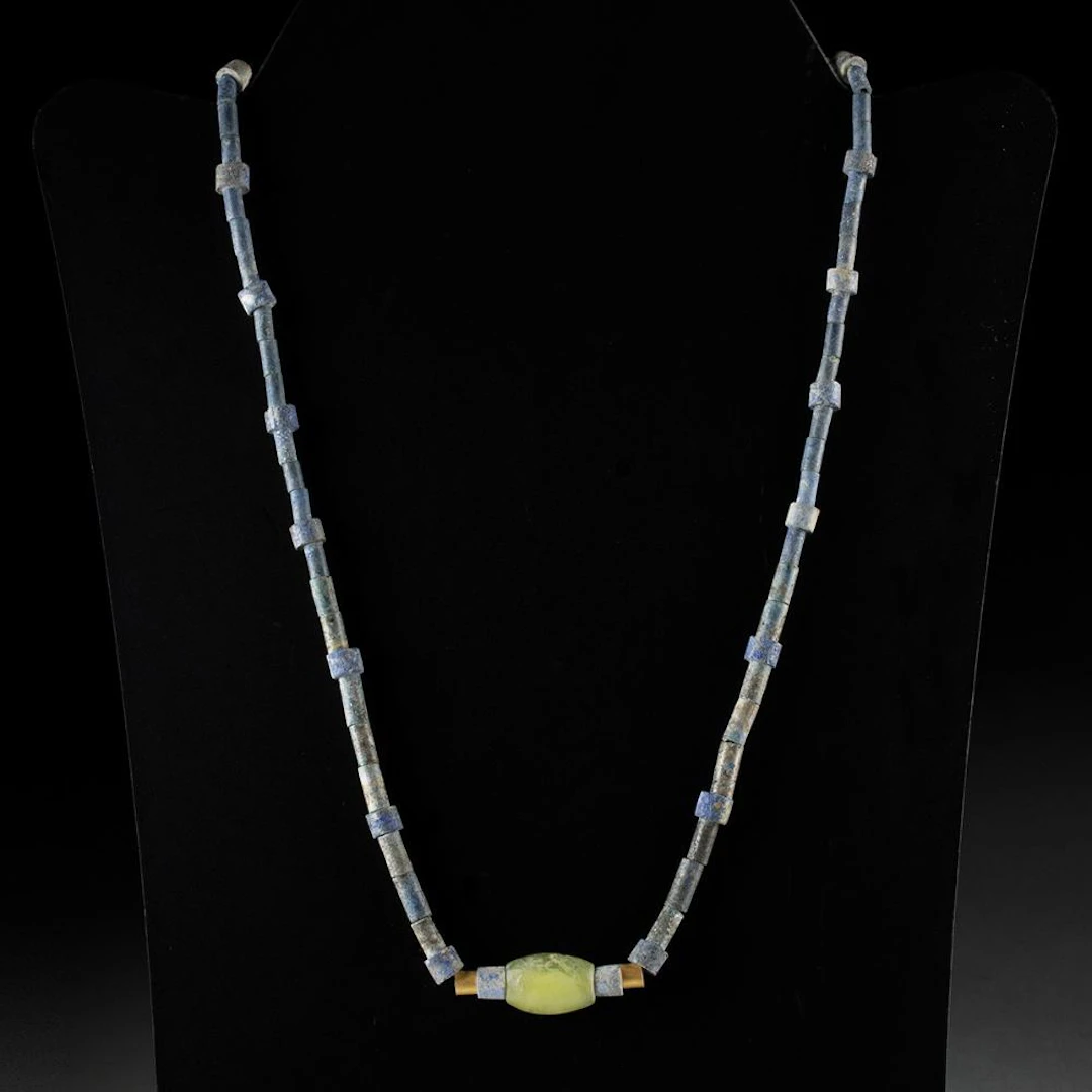 Ancient Near Eastern Lapis Lazuli Bead Necklace + Green Stone