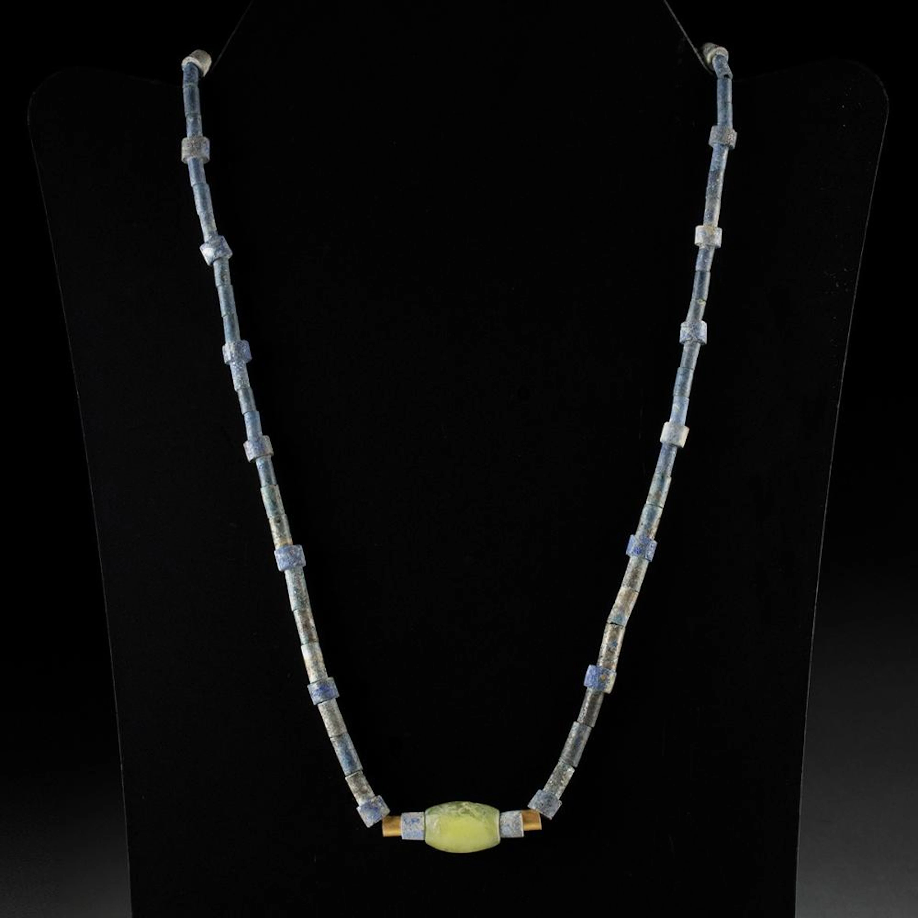 Ancient Near Eastern Lapis Lazuli Bead Necklace + Green Stone