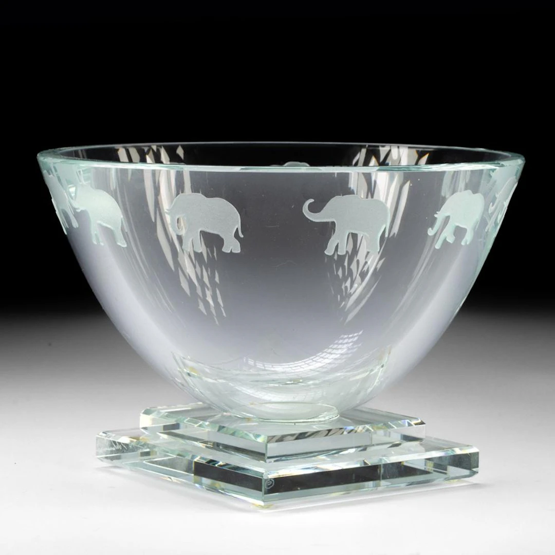 Etched Glass Bowl with Elephants by Stephen Schlanser