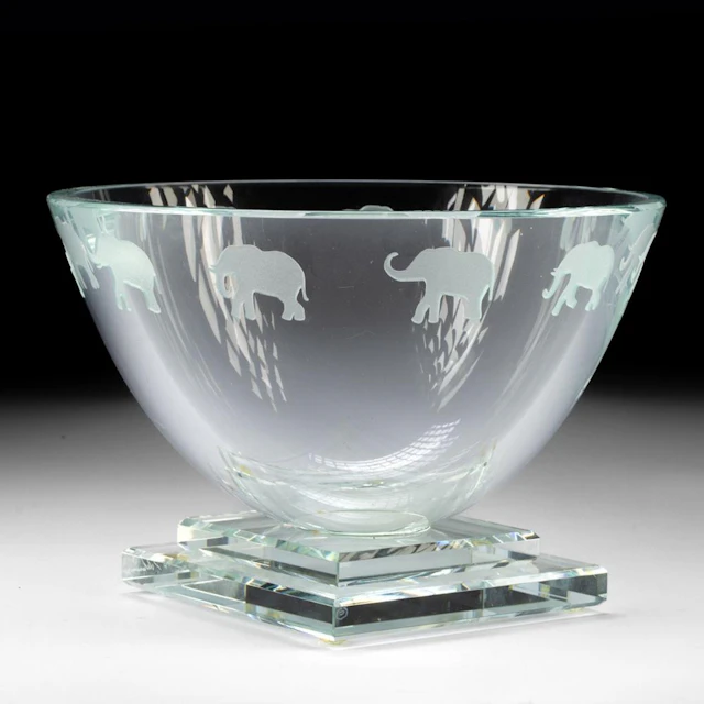 Etched Glass Bowl with Elephants by Stephen Schlanser