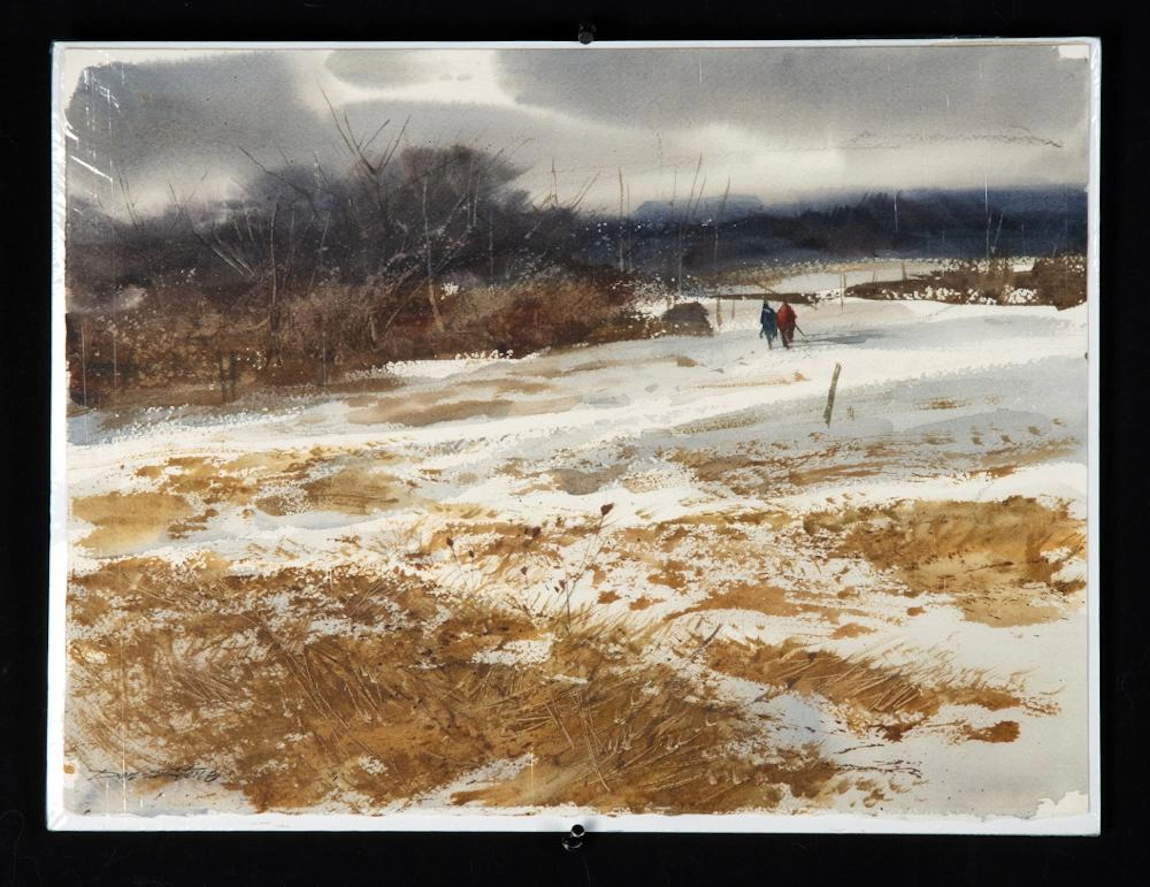 Don Stone Watercolor, Figures in a Snowy Field, Winter Landscape, ca. 1970s