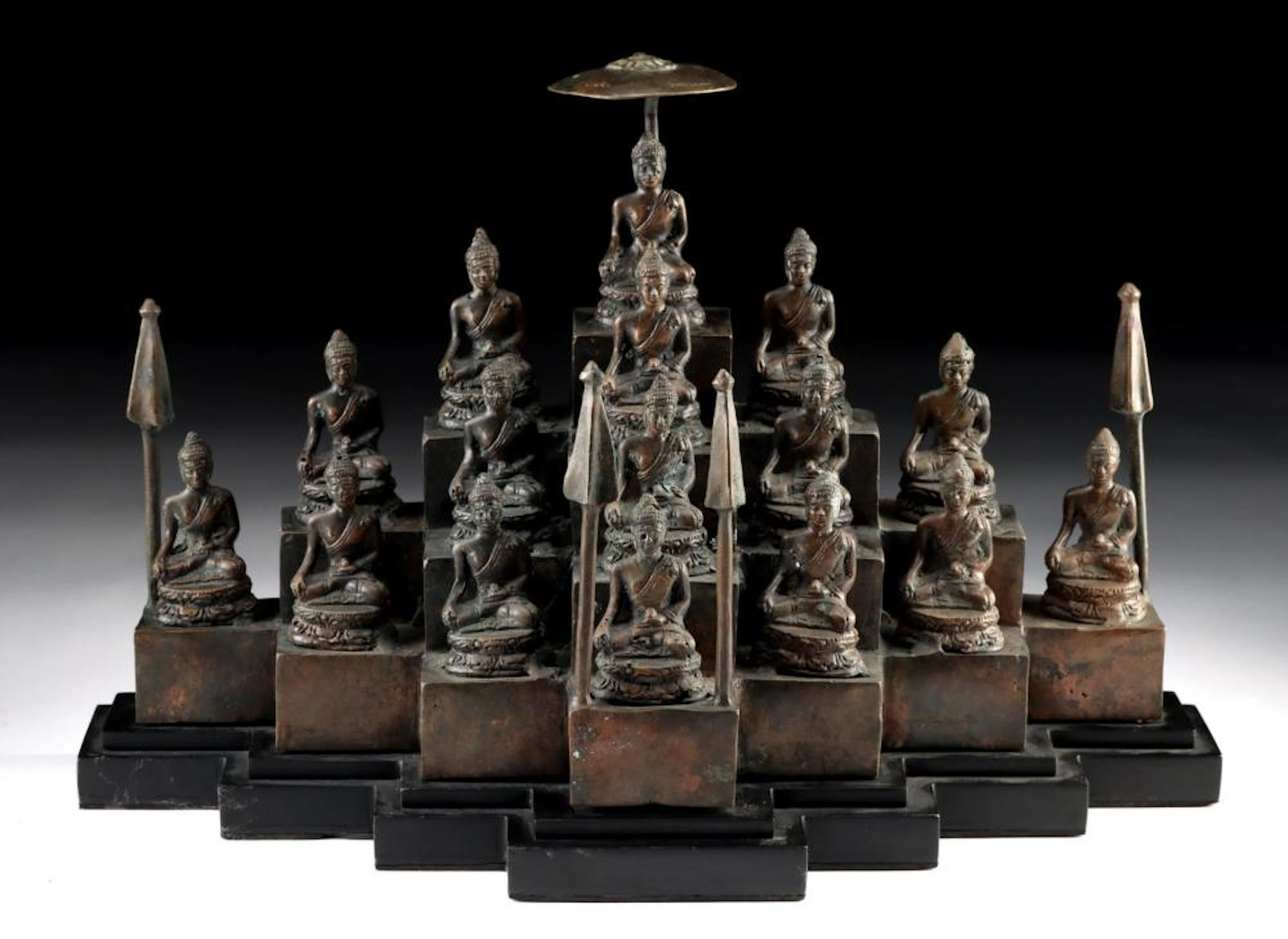 20th C. Indonesian Brass Buddha Grouping - 16 Figures on Tiered Stand