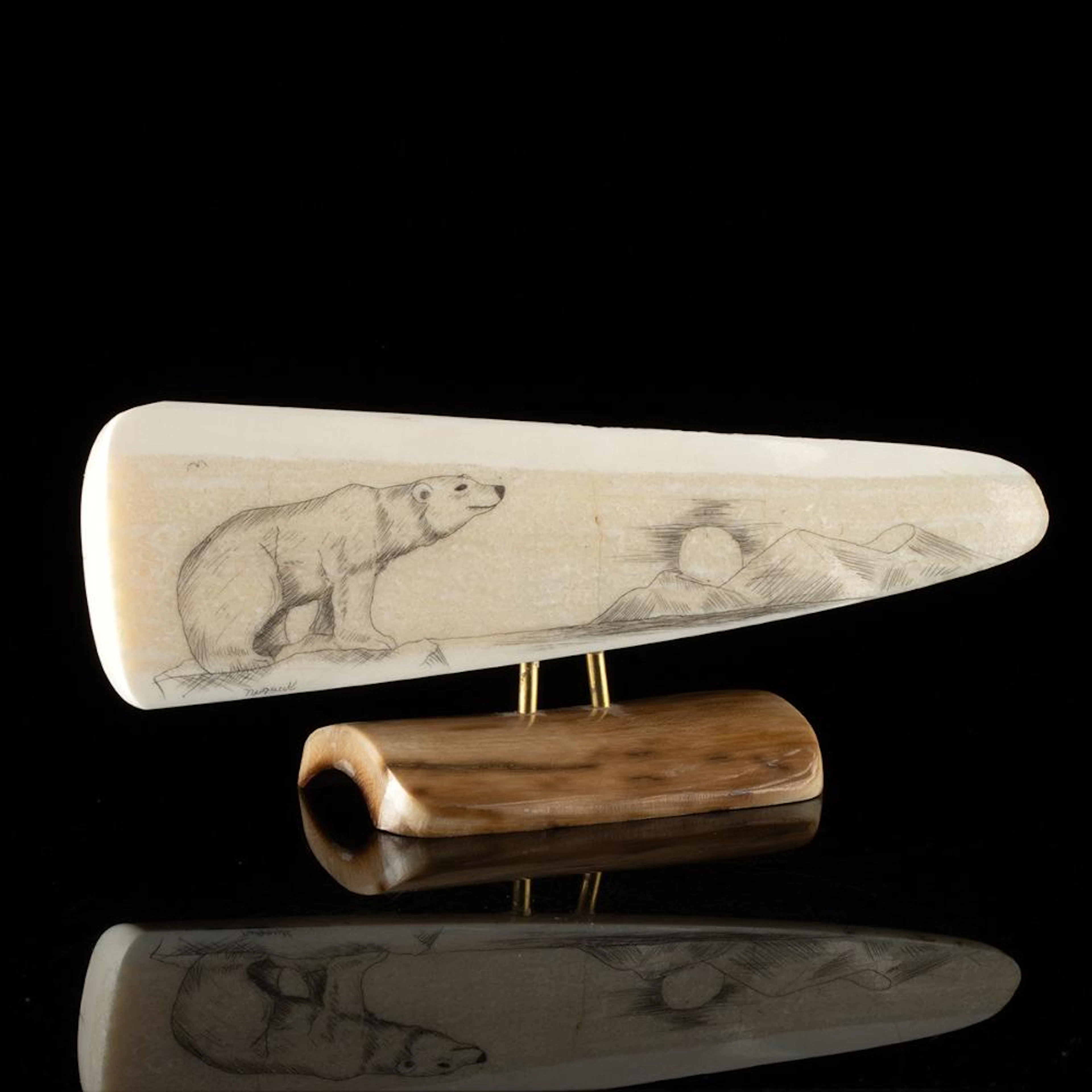 American Walrus Ivory Scrimshaw Polar Bear on Mammoth Ivory Base