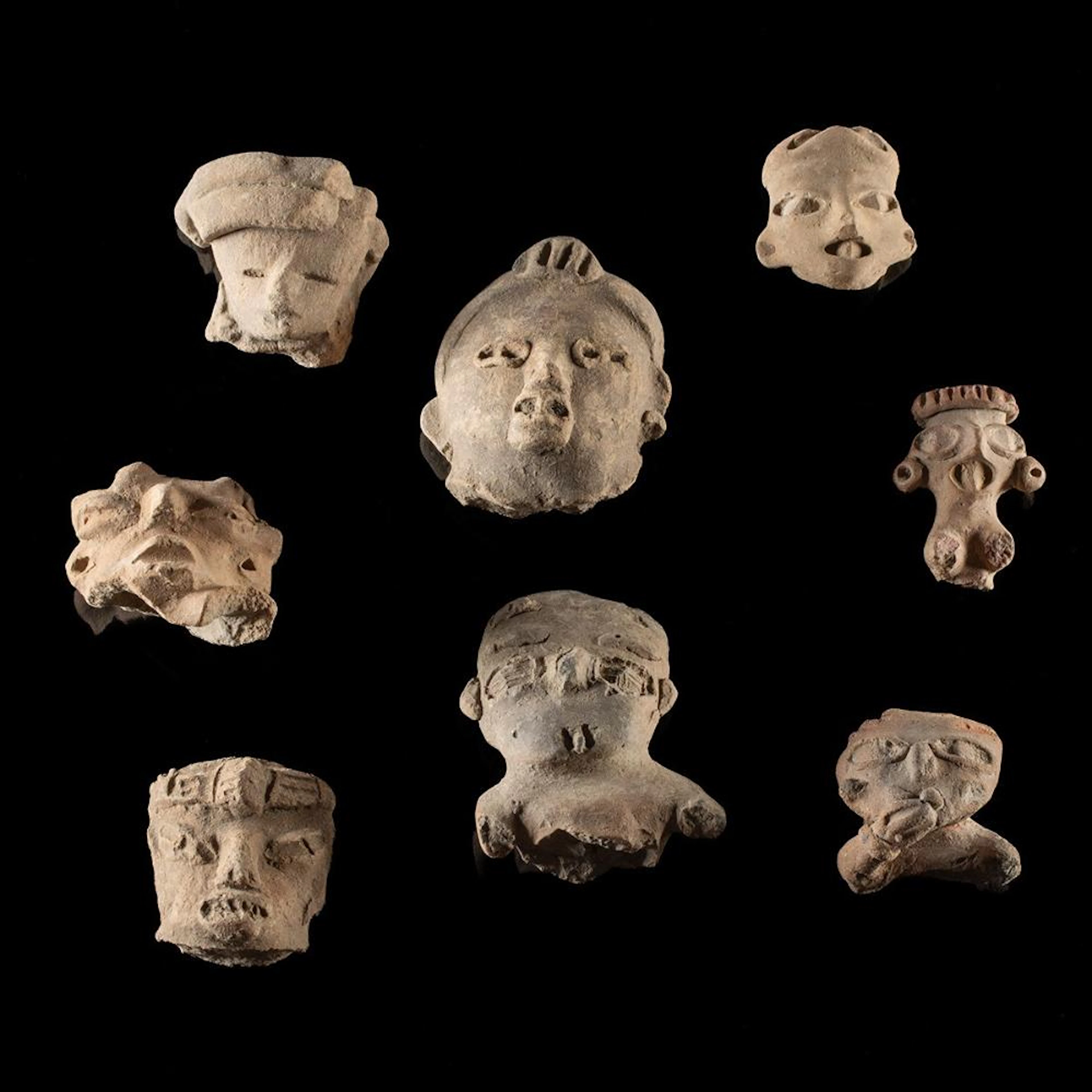 Pre-Columbian Mexico Pottery Figure Head Fragments, Group of 8