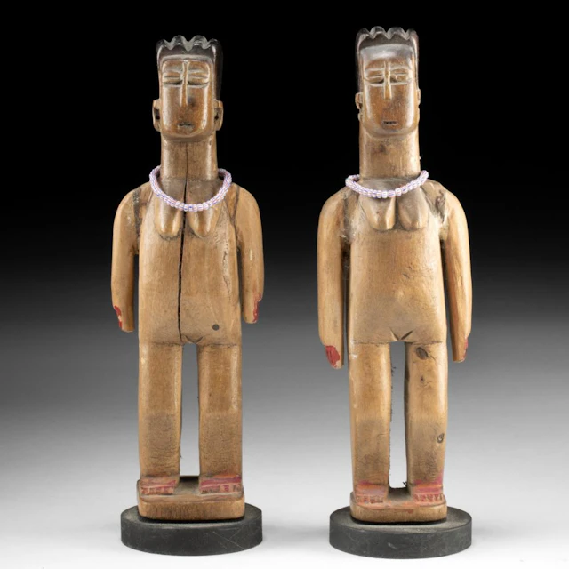 Ewe Venavi Twin Figures | Carved Wood, Glass Bead Necklaces, Togo / Ghana