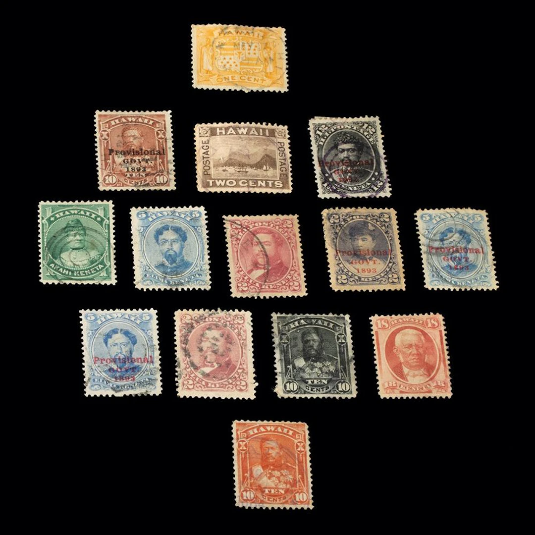 Hawaii Kingdom Postage Stamps, Lot of 14 with 1893 Provisional Govt. Overprints
