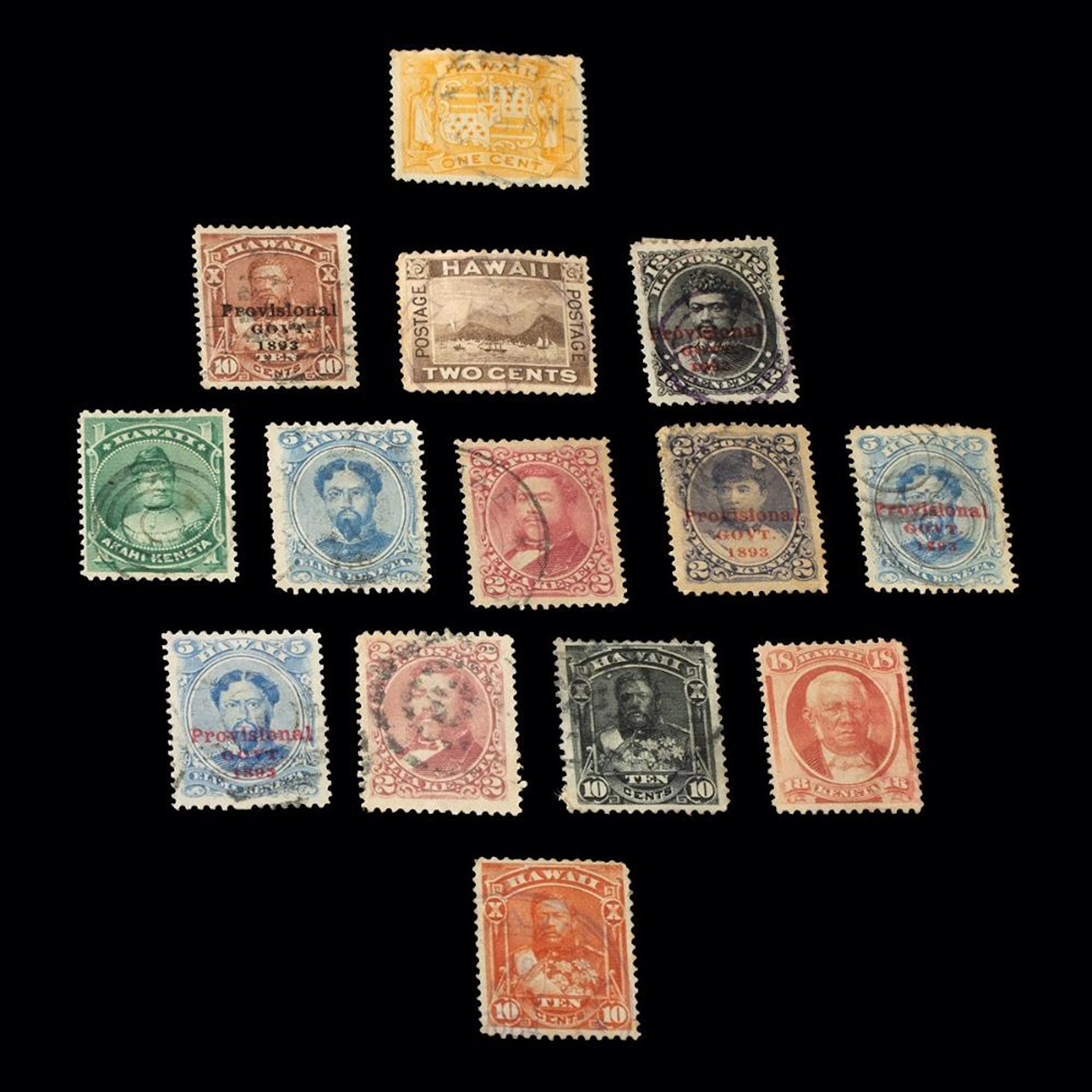 Hawaii Kingdom Postage Stamps, Lot of 14 with 1893 Provisional Govt. Overprints