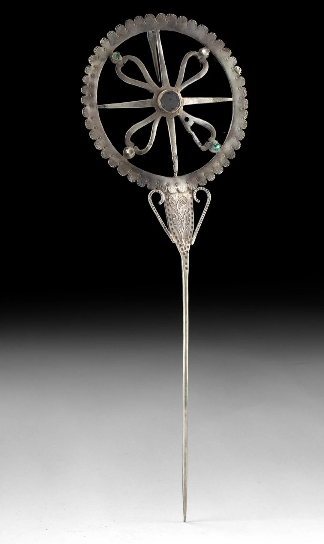 Large Bolivian Silver Tupu Pin with Glass Inlays