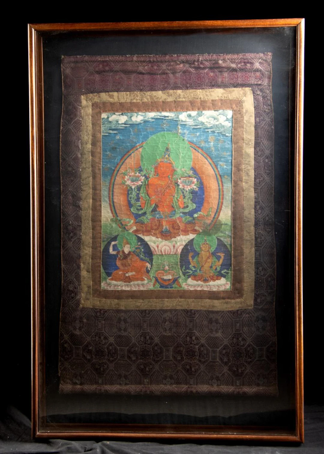 19th C. Tibetan Thangka Amitayus 'Boundless Life' with Flanking Figures