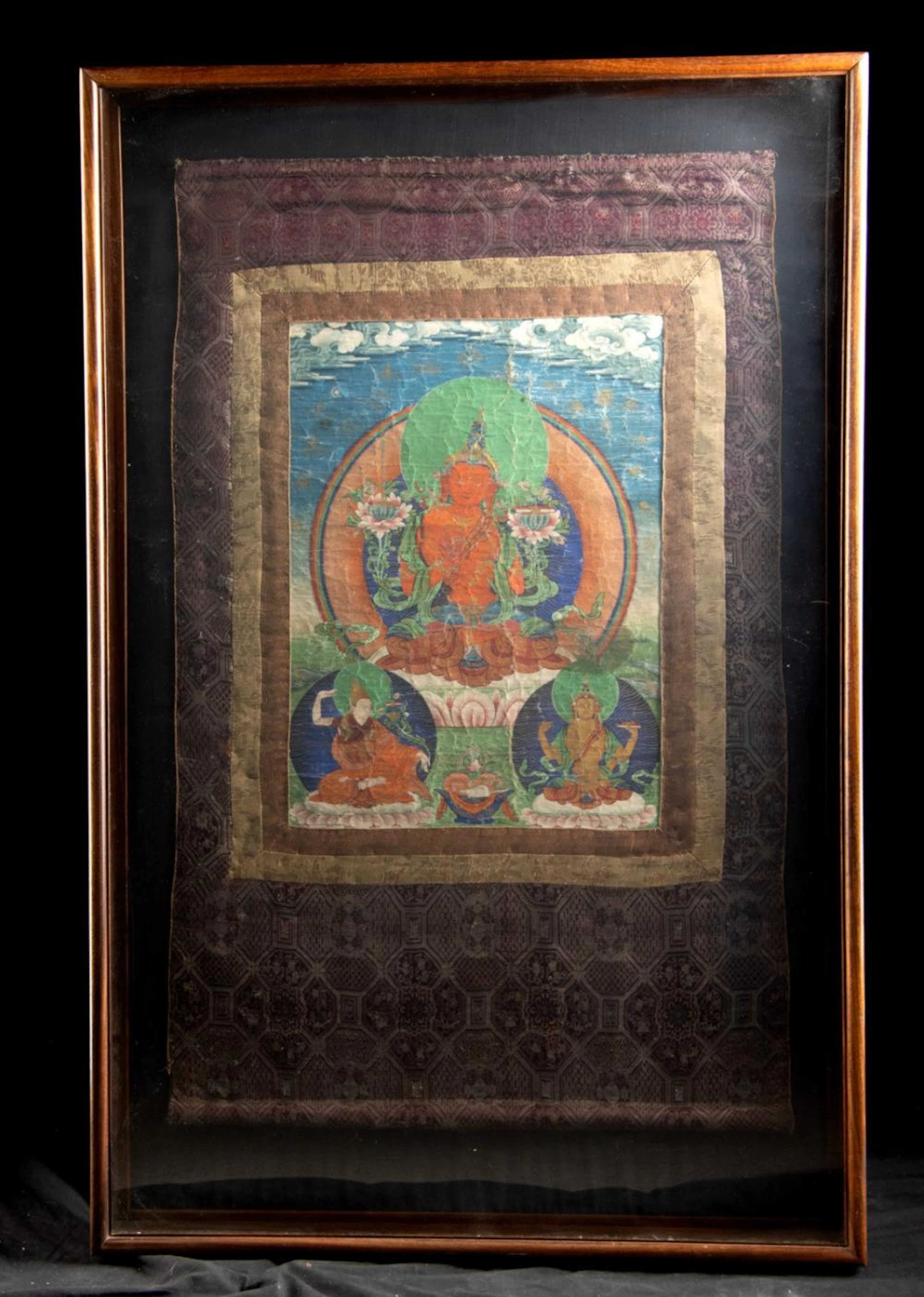 19th C. Tibetan Thangka Amitayus 'Boundless Life' with Flanking Figures