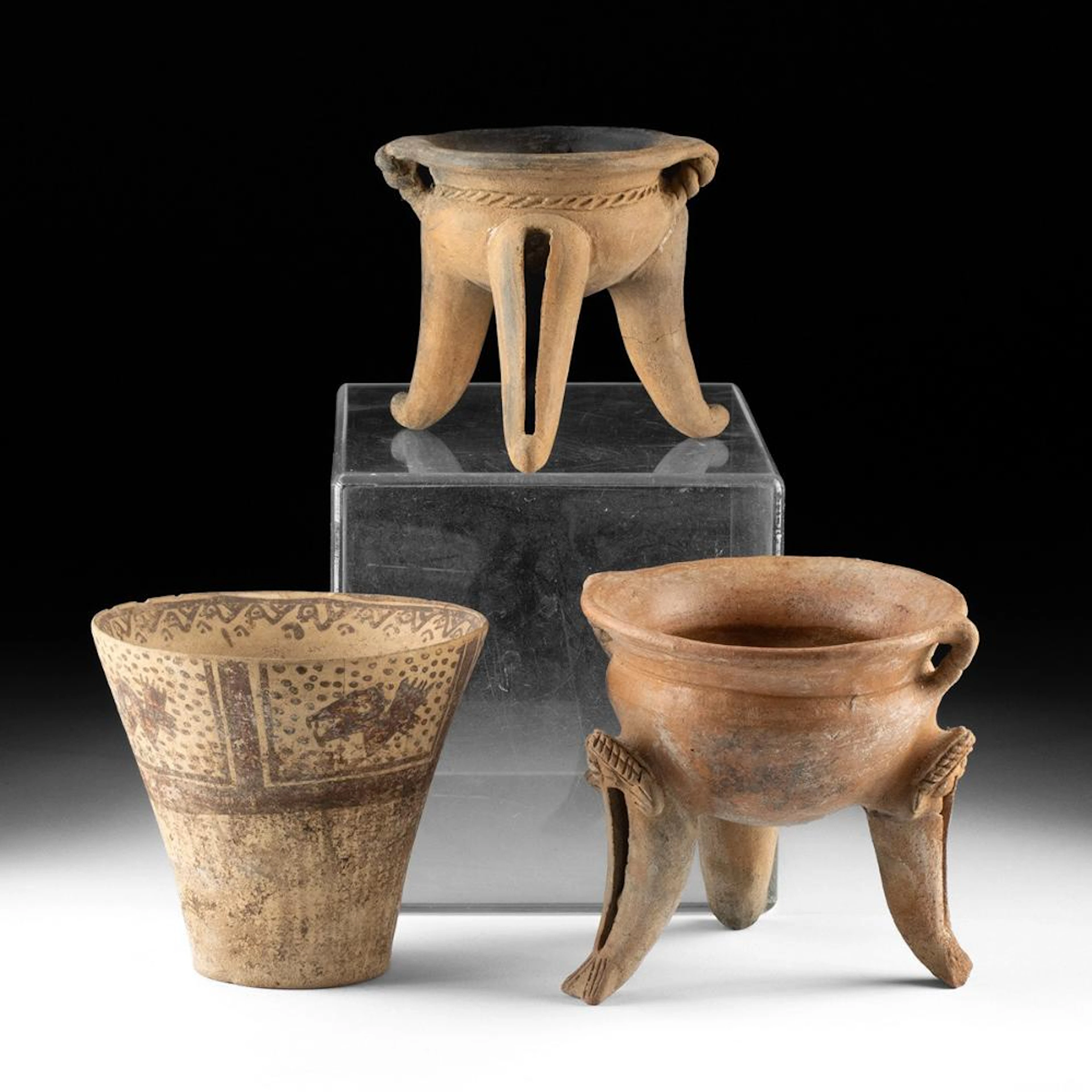 Two Costa Rican Tripod Rattle Bowls & Chancay Painted Kero Cup