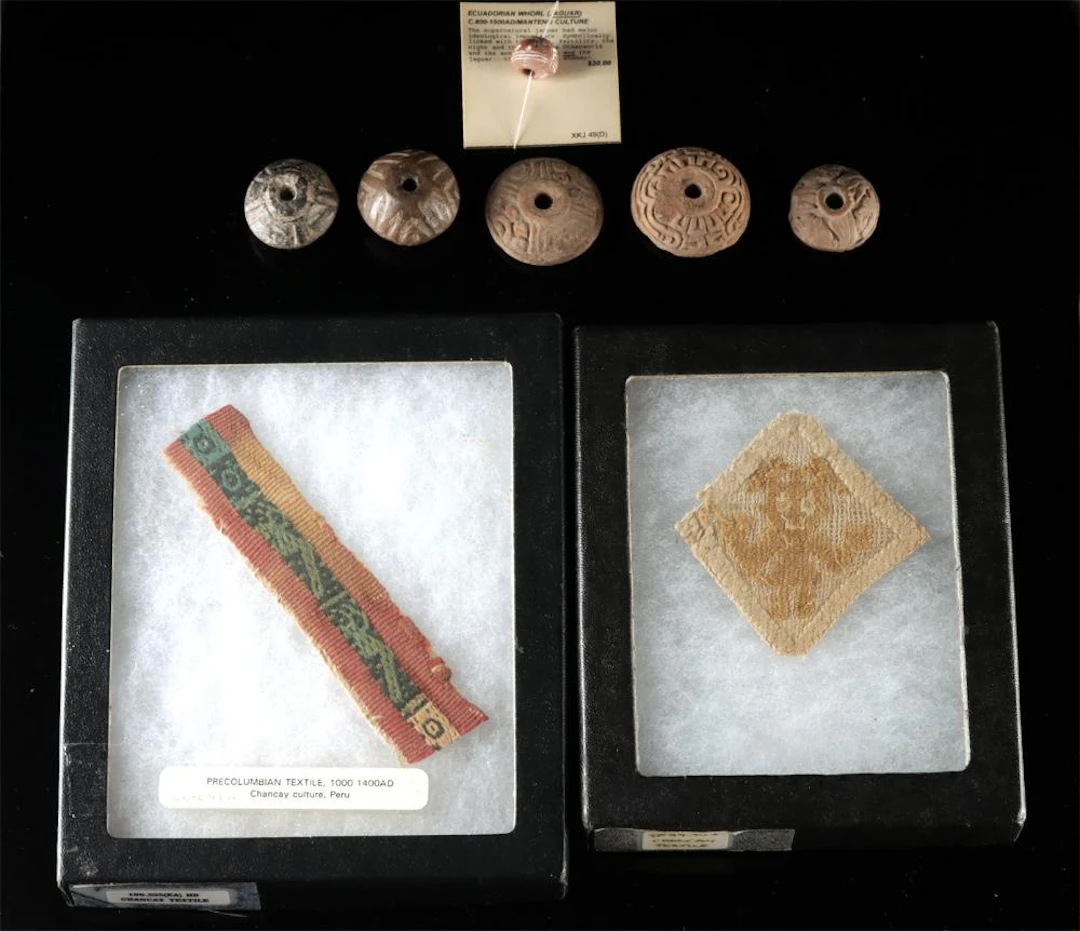 Pre-Columbian Spindle Whorls + Chancay Textile Fragments