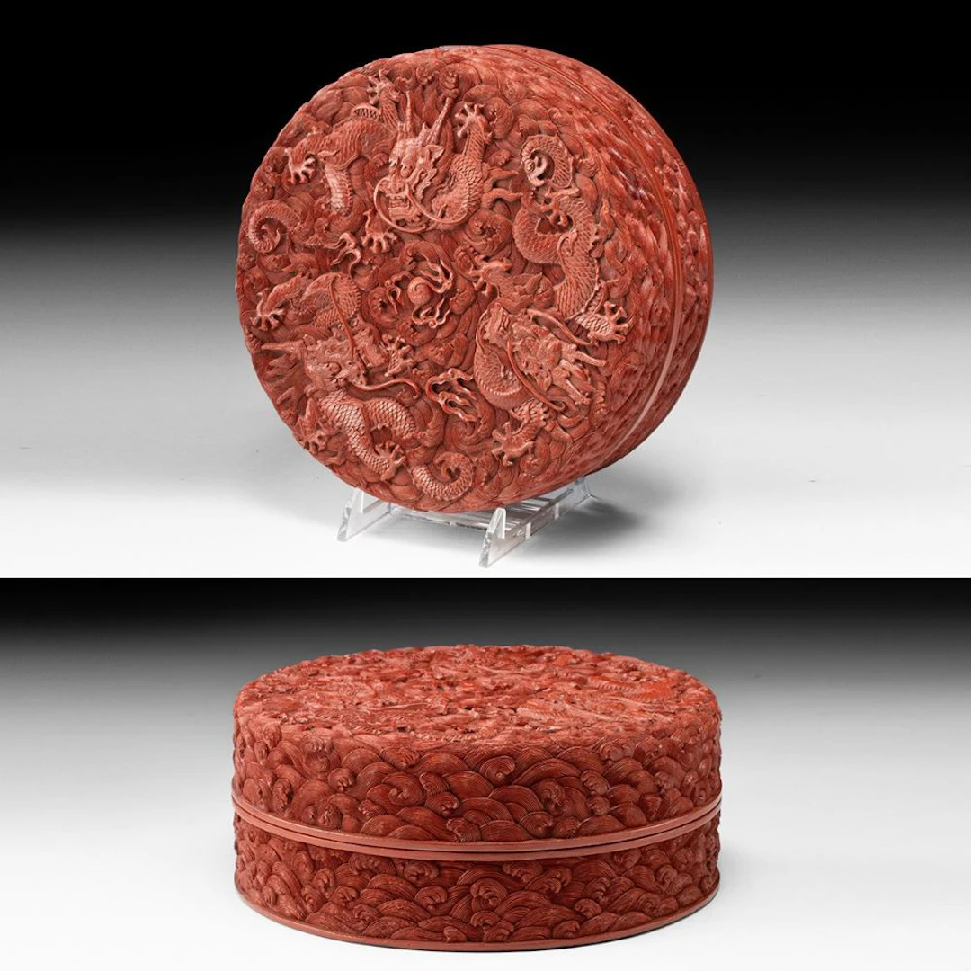 Qing Dynasty Qianlong Carved Cinnabar Lacquer Box with Dragons and