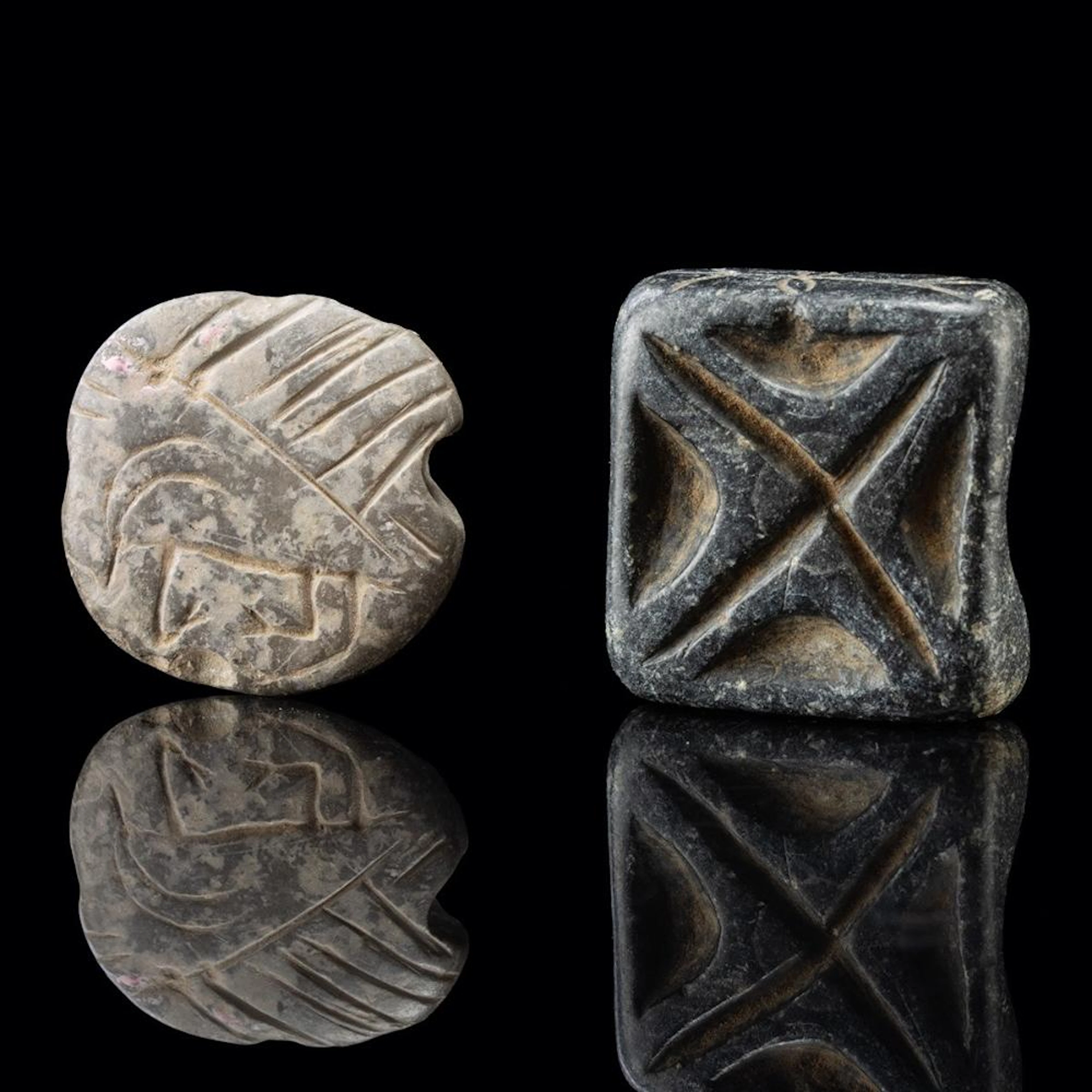 Two Mesopotamian Stone Stamp Seal Beads - Cross & Zoomorph