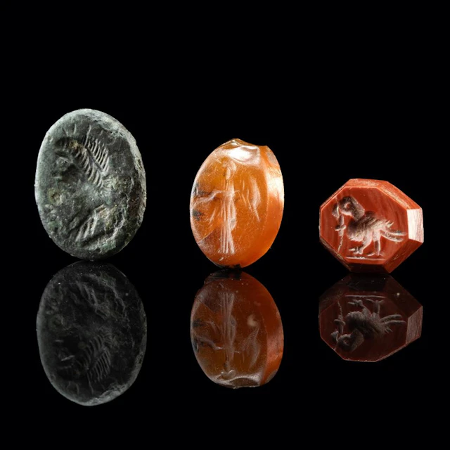 3 Roman Carnelian, Jasper & Bronze Intaglios - Victory, Eagle & Bust