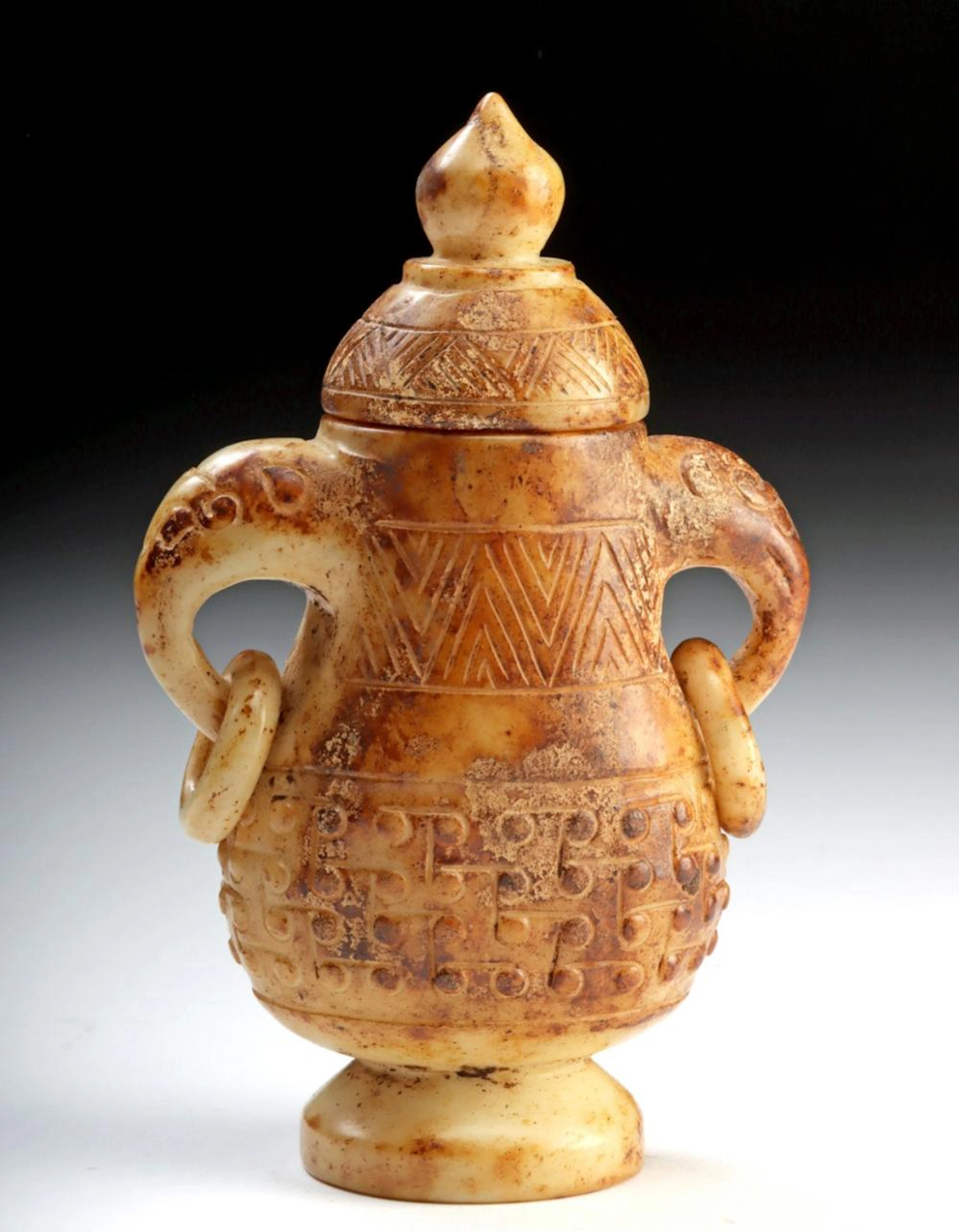 Qing Dynasty Stone Lidded Jar – Shang Revival Form, Loop Handles & Rings