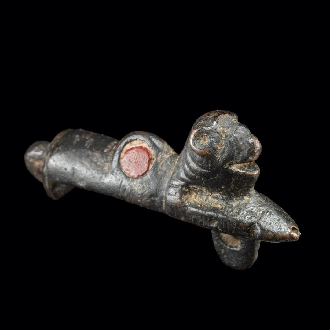 Roman Bronze Lion Lock with Red Resin Inlay