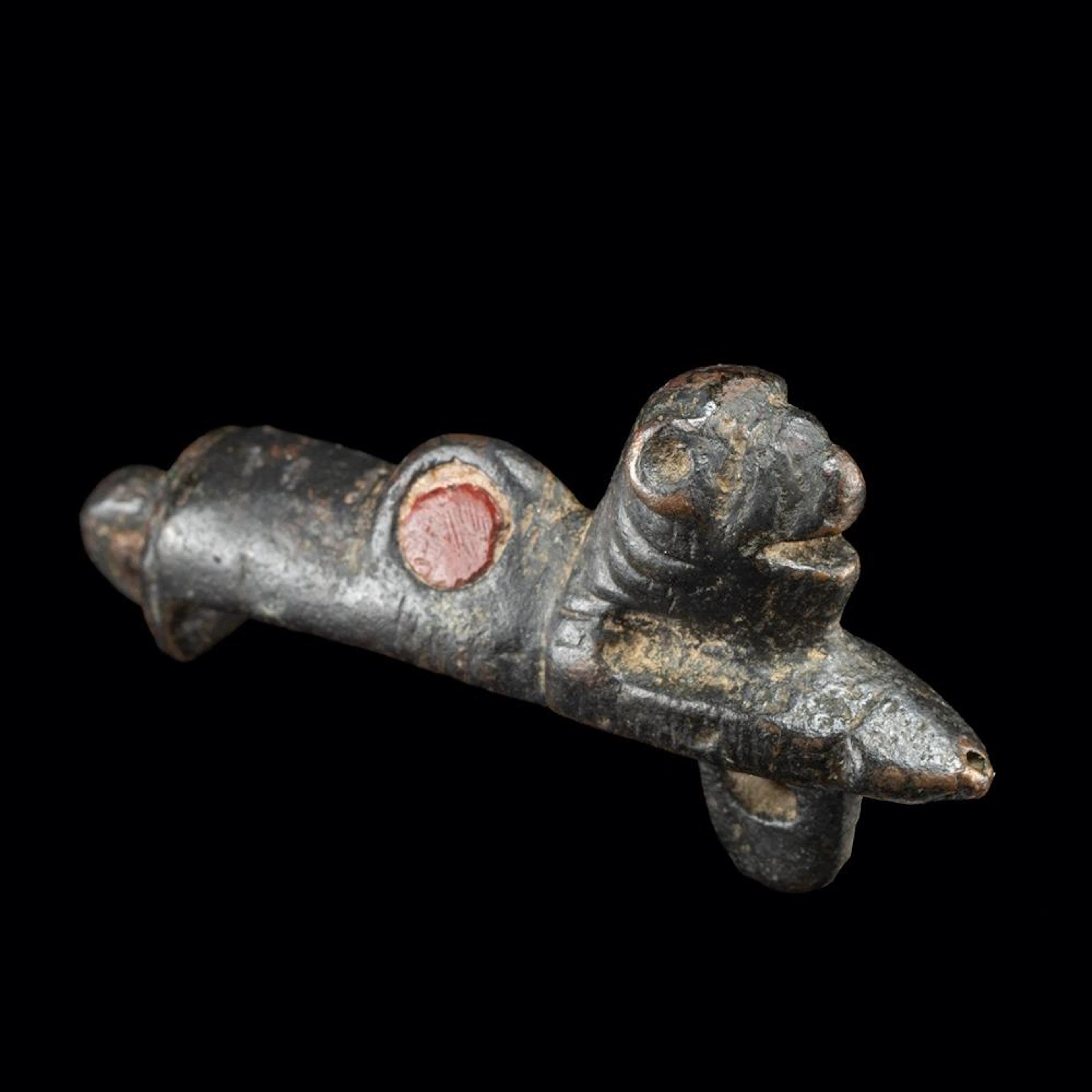 Roman Bronze Lion Lock with Red Resin Inlay