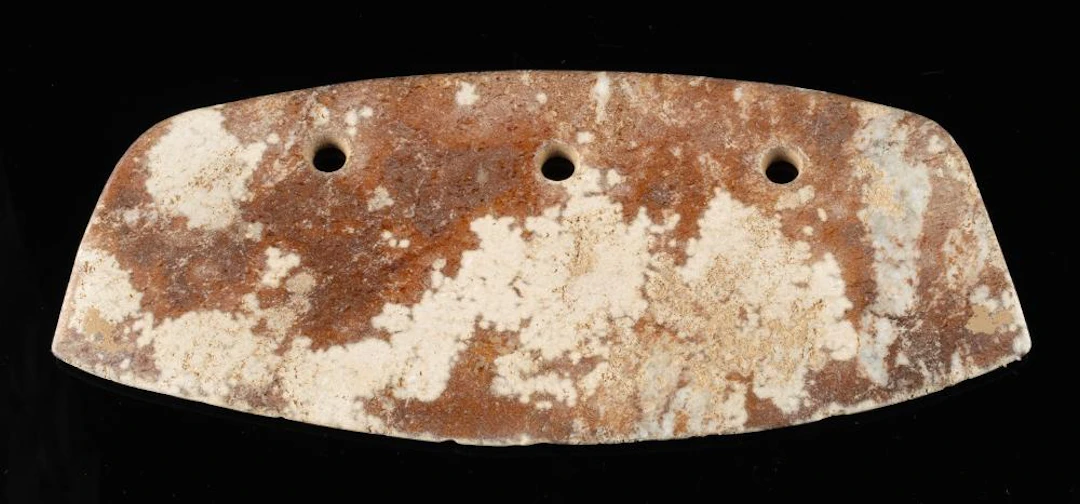 Chinese Scholar’s Object, Polished Stone Yue Axe Blade with Three Holes