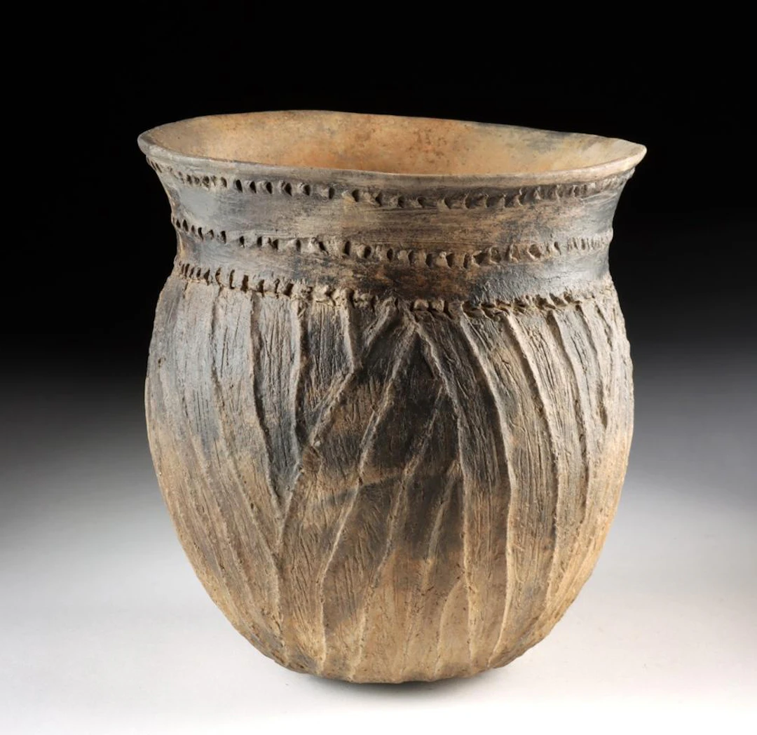 Caddo Pottery Jar - Incised Triangle and Brushed Body