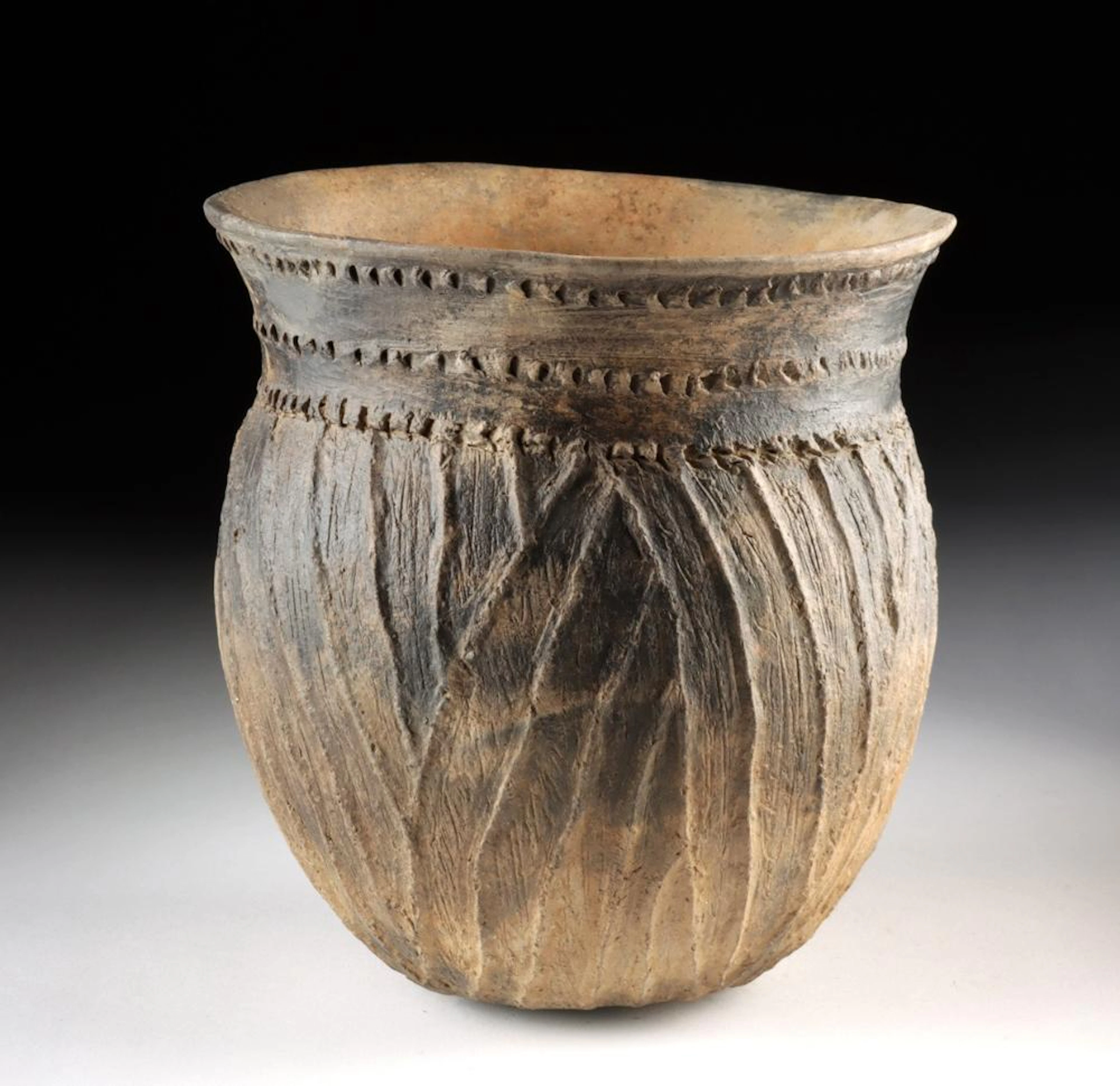 Caddo Pottery Jar - Incised Triangle and Brushed Body