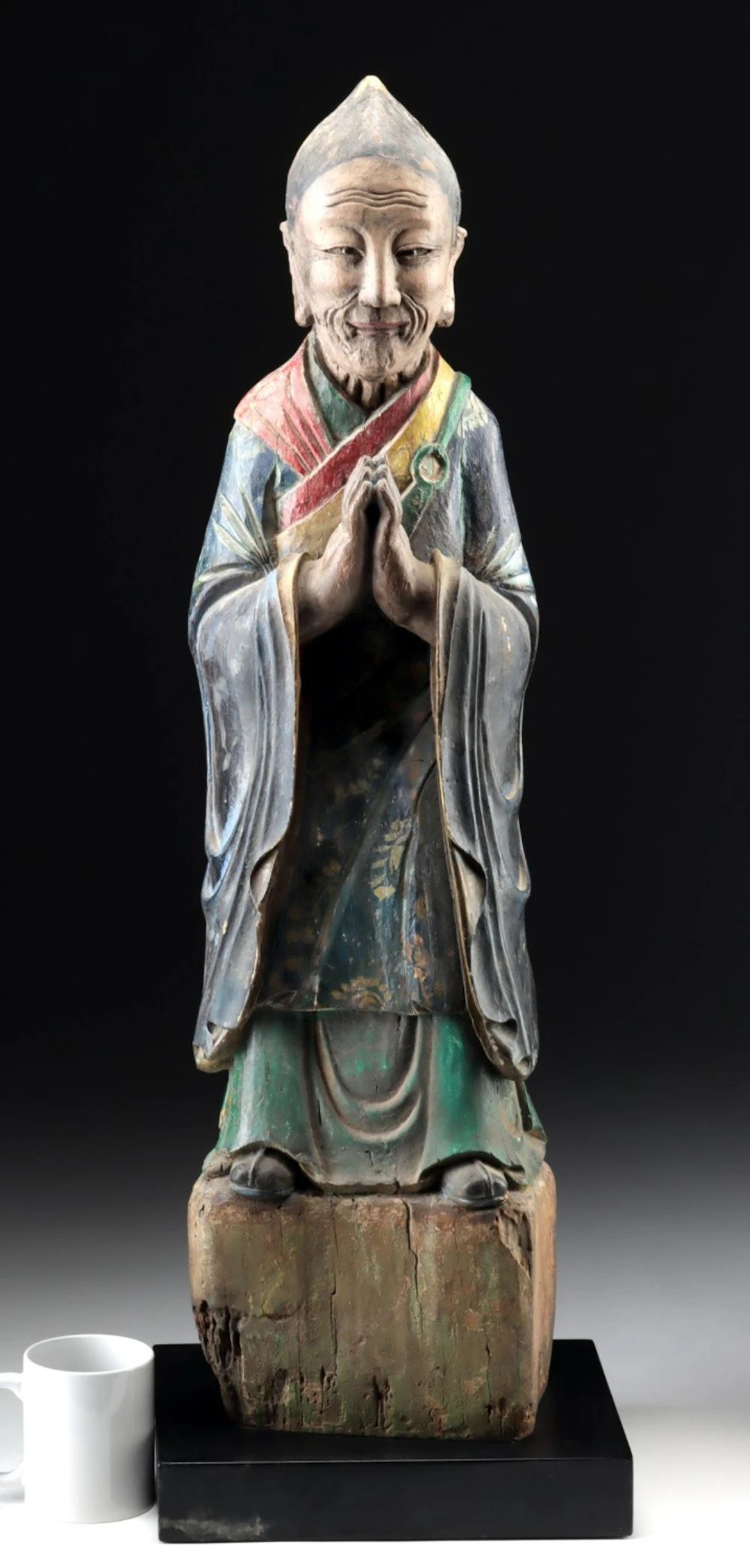 19th C. Qing Dynasty Wood Lohan Statue, Consecration Niche