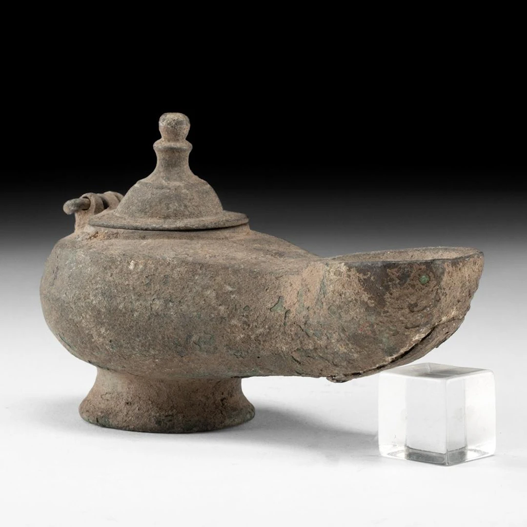 Roman Leaded Copper Oil Lamp w/ Hinged Lid