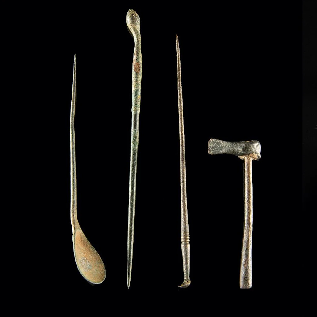 4 Roman Bronze Implements | Cochlear Spoon, Probe, Miniature Axe