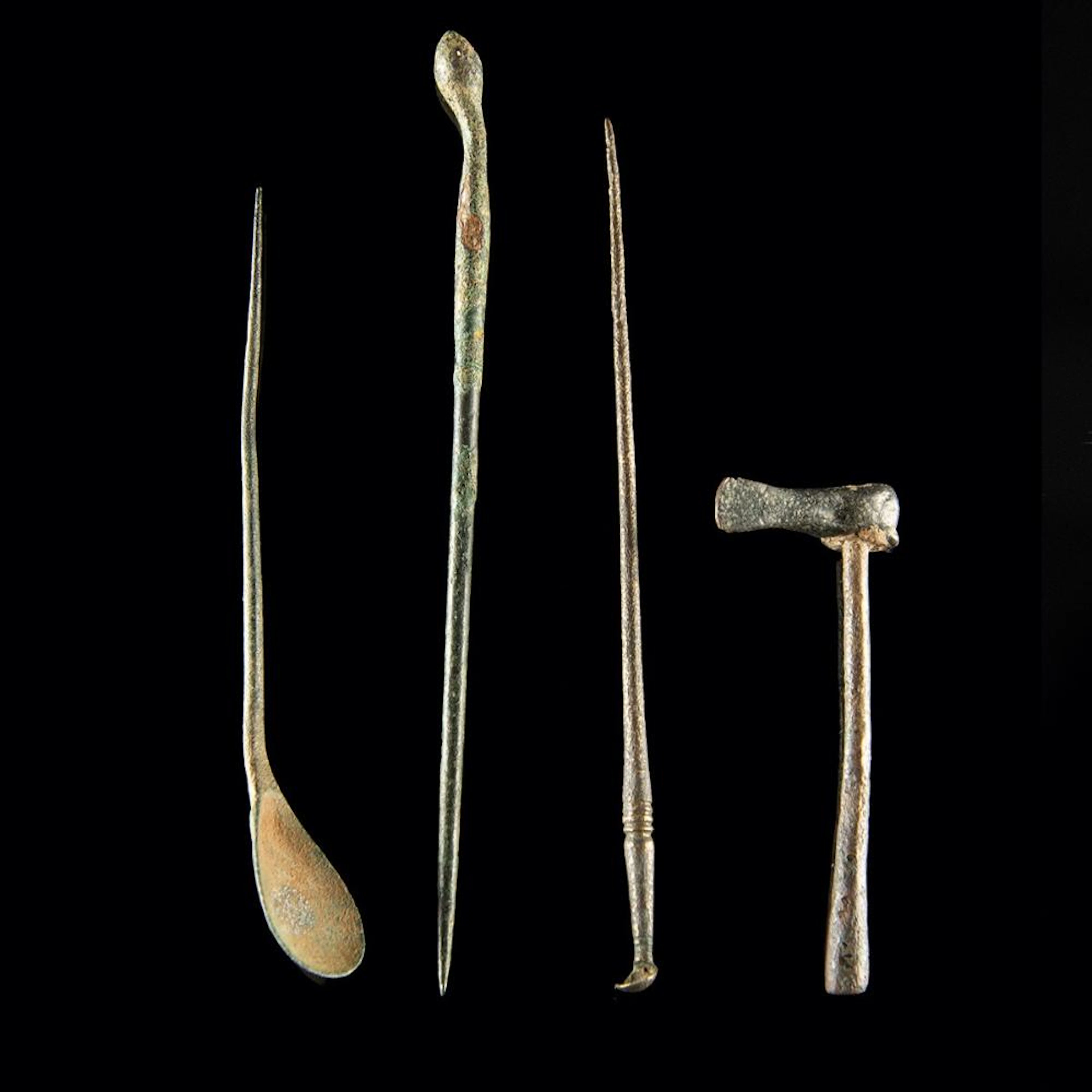 4 Roman Bronze Implements | Cochlear Spoon, Probe, Miniature Axe