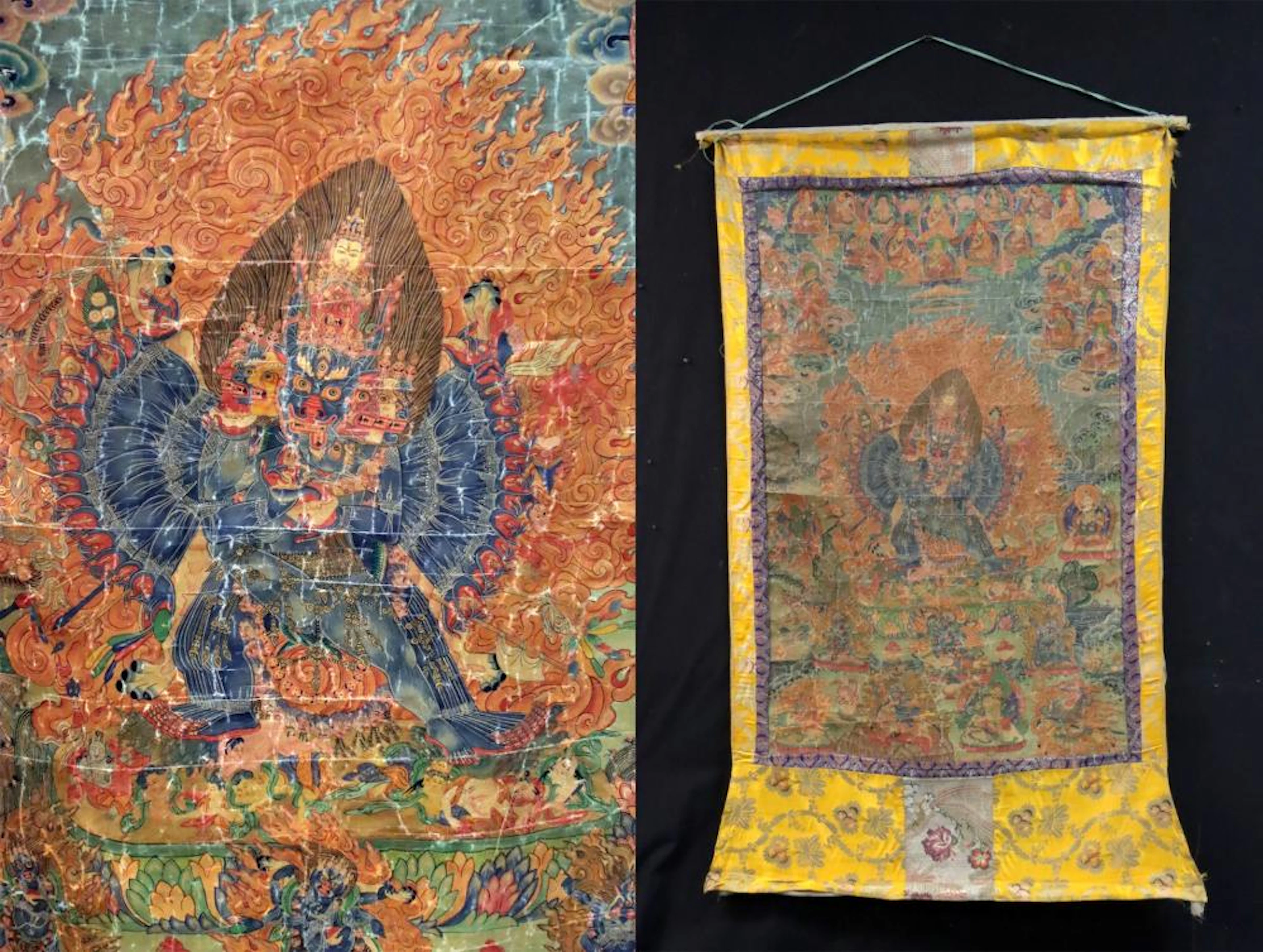 19th C. Tibetan Yamantaka Thangka, Silk Brocade Mount