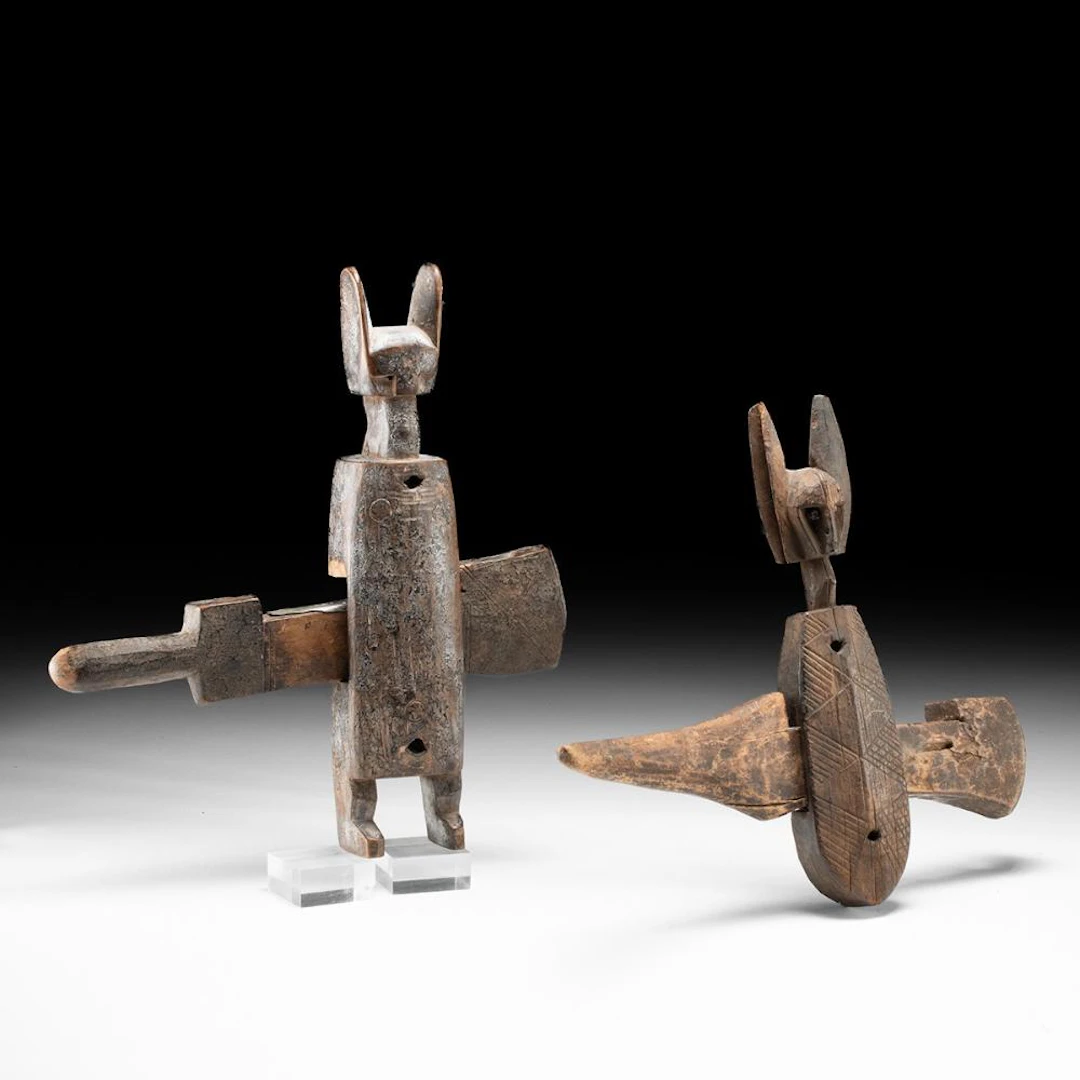 Pair of African Dogon Carved Wood Door Locks with Figural Effigies