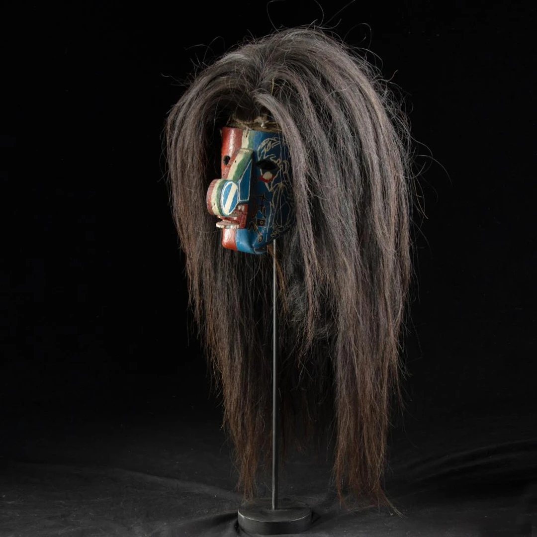 Mexican Tastoan Carved Wood Dance Mask with Horsehair and "Pink Floyd"