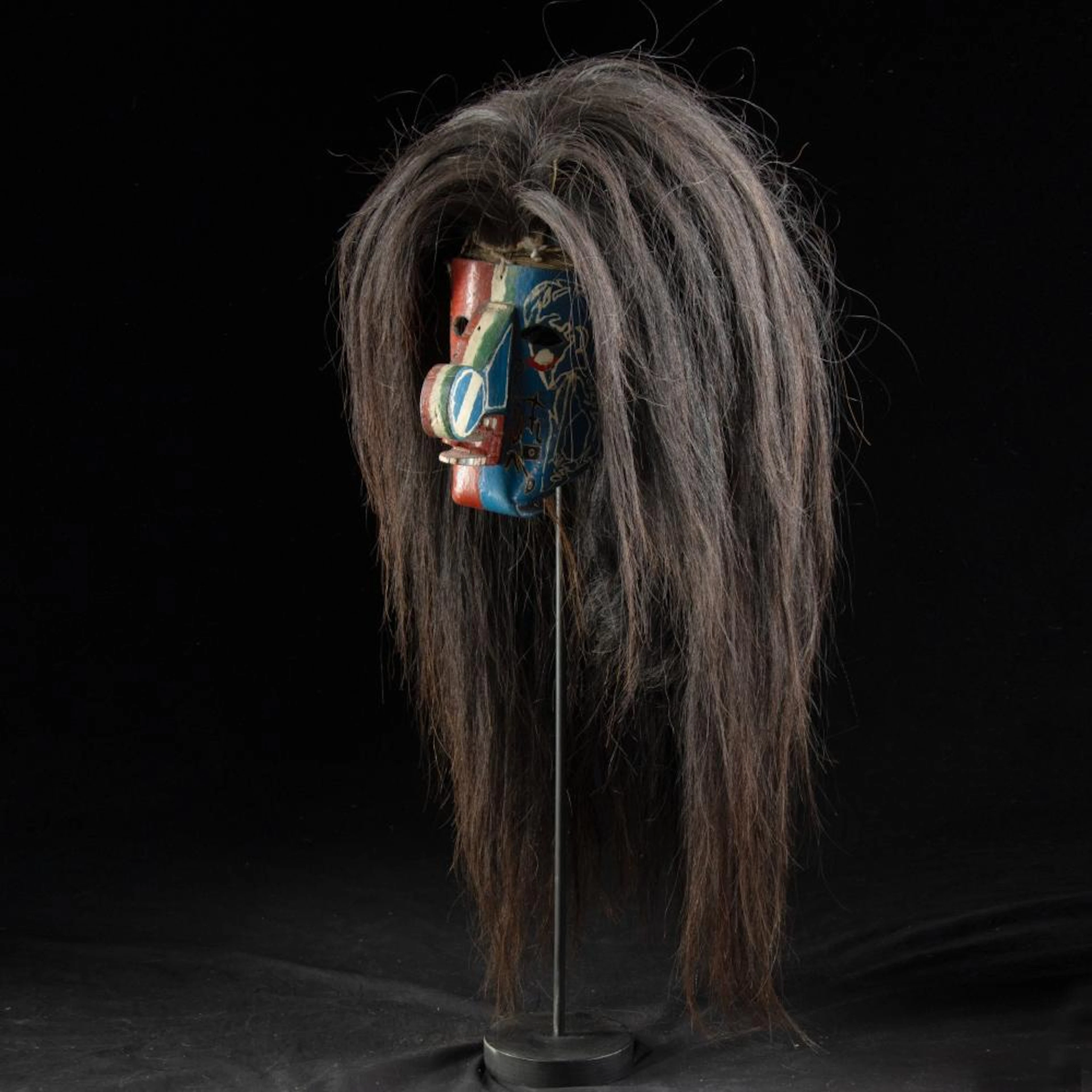 Mexican Tastoan Carved Wood Dance Mask with Horsehair and "Pink Floyd"