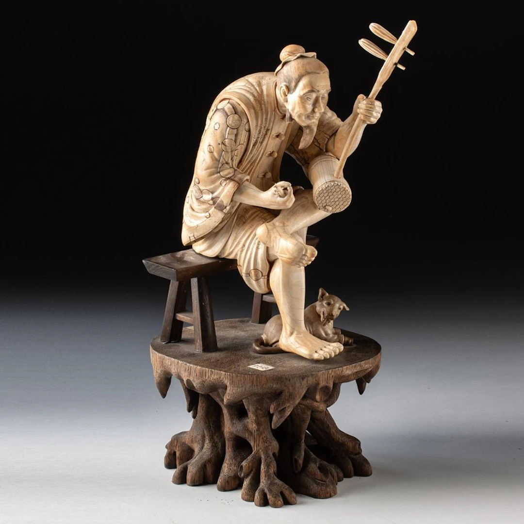 Mammoth Ivory Carving | Street Musician Playing Huqin with Dog, Signed Tadamori