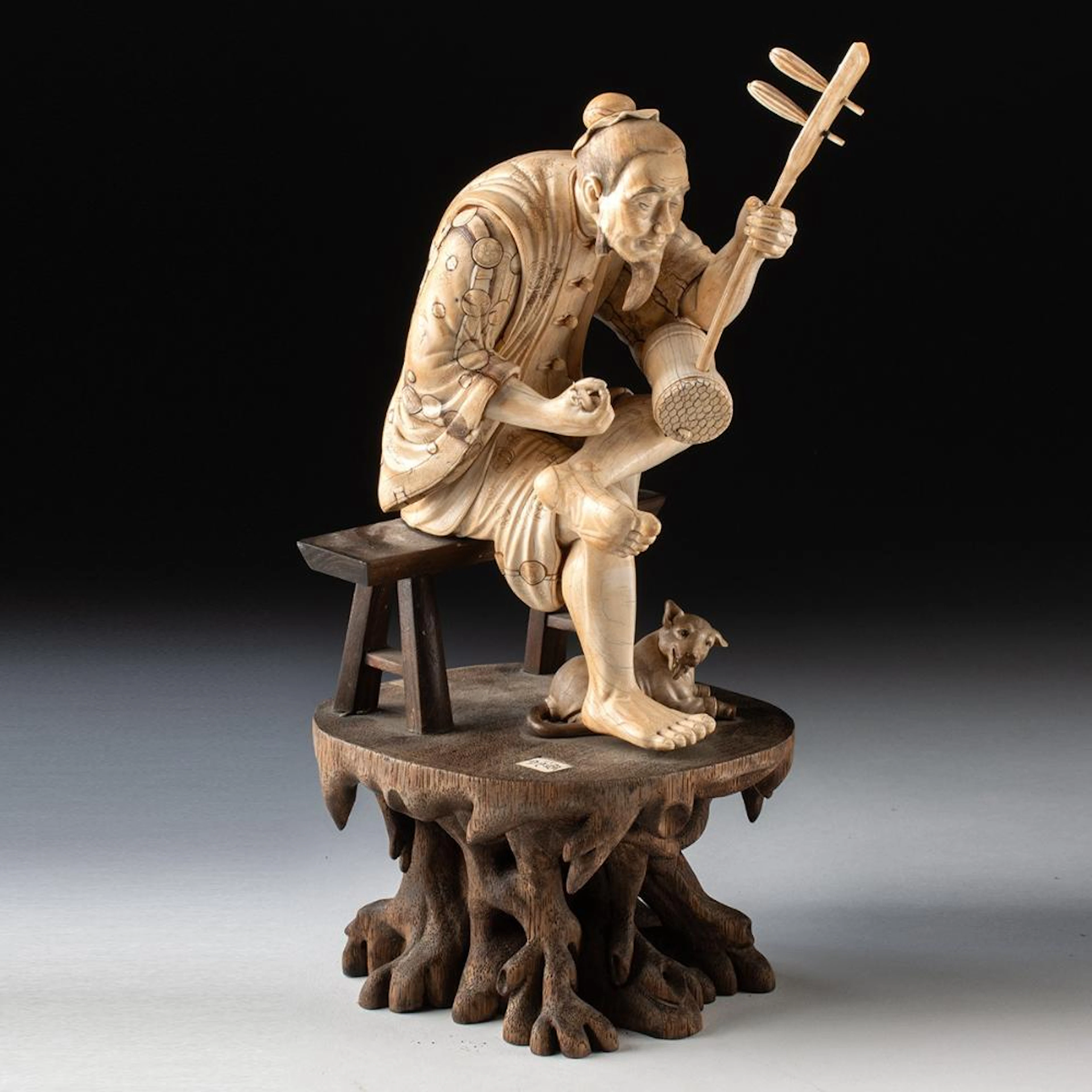 Mammoth Ivory Carving | Street Musician Playing Huqin with Dog, Signed Tadamori